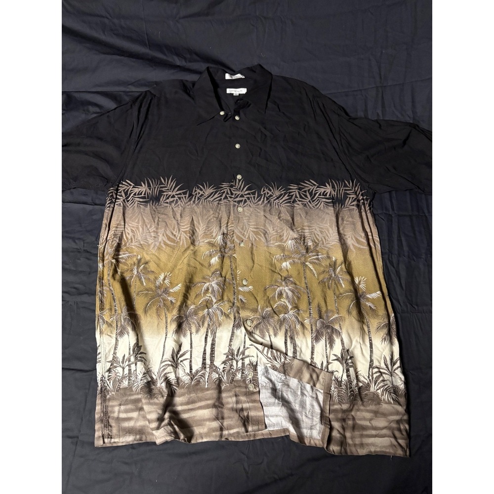 Pierre‎ Cardin Mens XL Hawaiian print Button Down Shirt Black Brown Beach XL